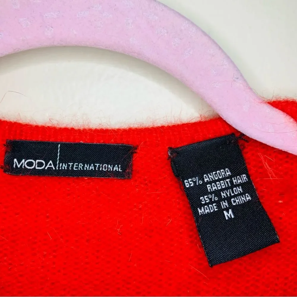 Moda International Angora Blend Classy Red V-Neck Sweater size medium